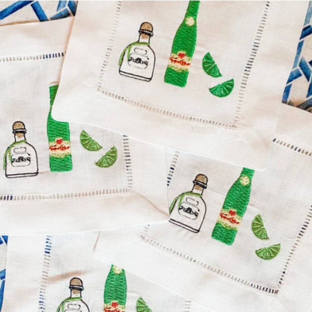 Set of 4 linen cocktail napkins embroidered ranch water tequila